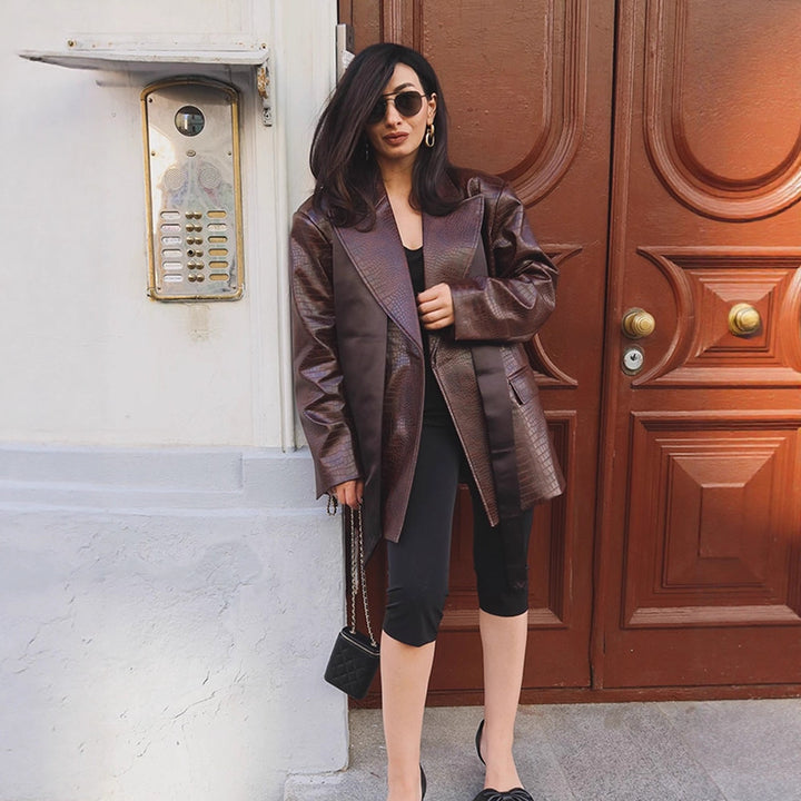 Ladies Oversized Blazer Coat in Crocodile Embossing with Shawl Collar and Tie Belt Amarae