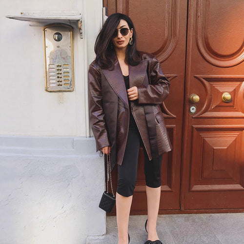 Ladies Oversized Blazer Coat in Crocodile Embossing with Shawl Collar and Tie Belt Amarae