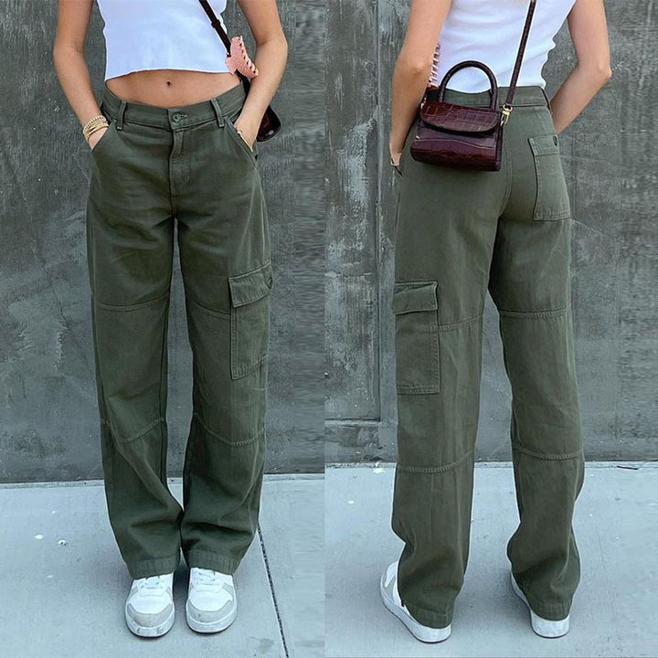 Ladies High-Waisted Relaxed Cargo Pants with Wide Leg and Knee Pleats Amarae