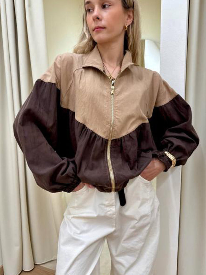 Women's short cut multicolored bomber jacket with drawstring, raglan sleeves, and zipper Amarae