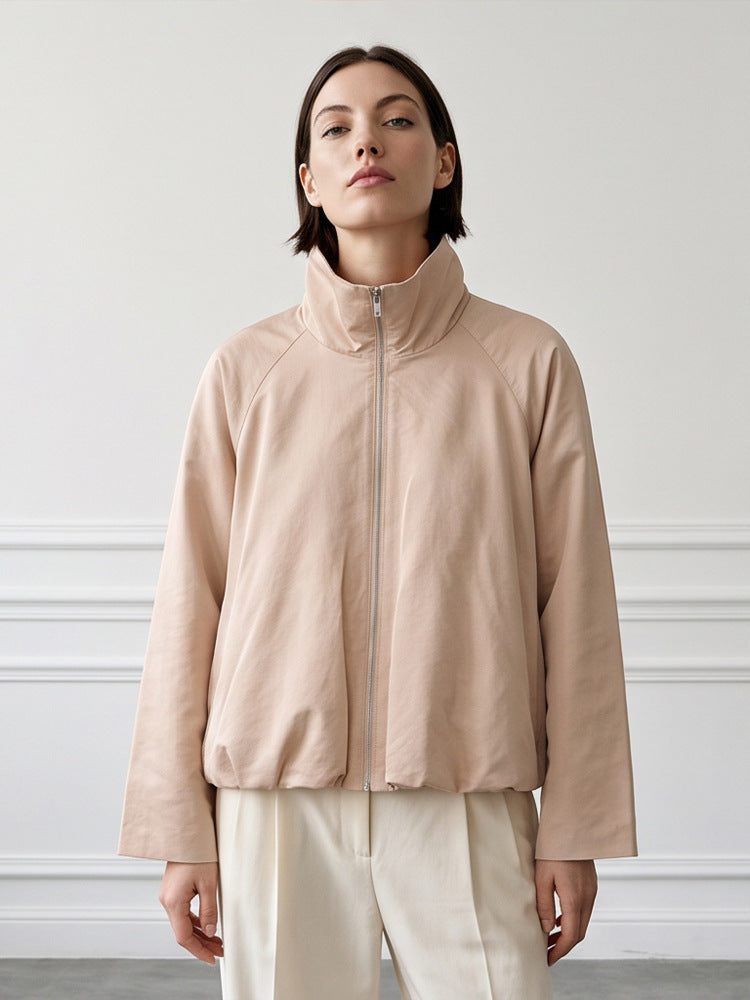 Women's light transitional jacket with high stand-up collar, raglan sleeves, and ballooned hem Amarae