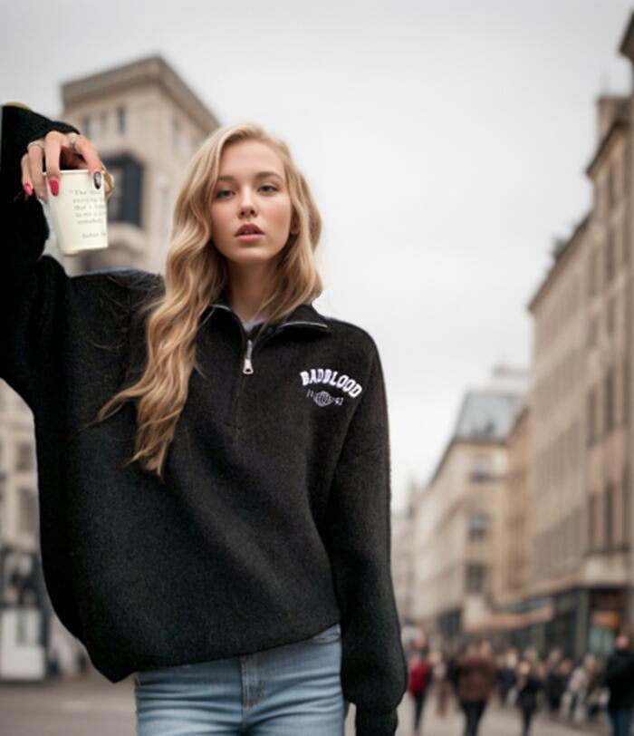 Soft half-zip pullover for women with relaxed fit and elegant embroidery Lune London