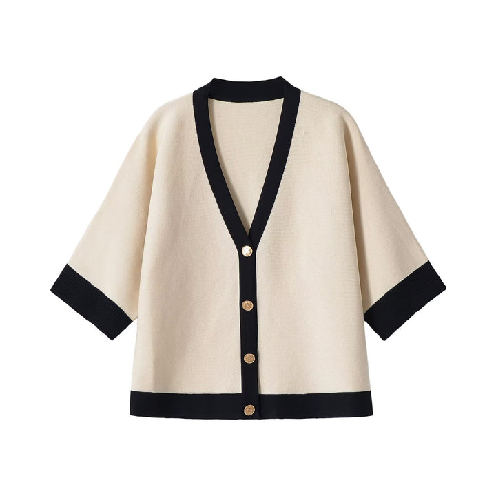 Ladies Short Sleeve Knit Cape Cardigan with Contrast Trim Amarae