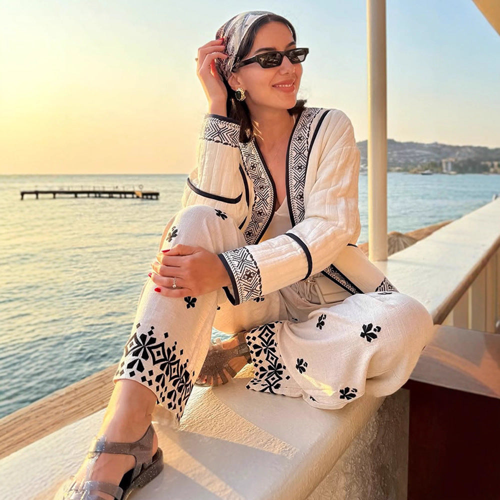 Women Quilted Kimono Cardigan with Geometric Embroidery Amarae