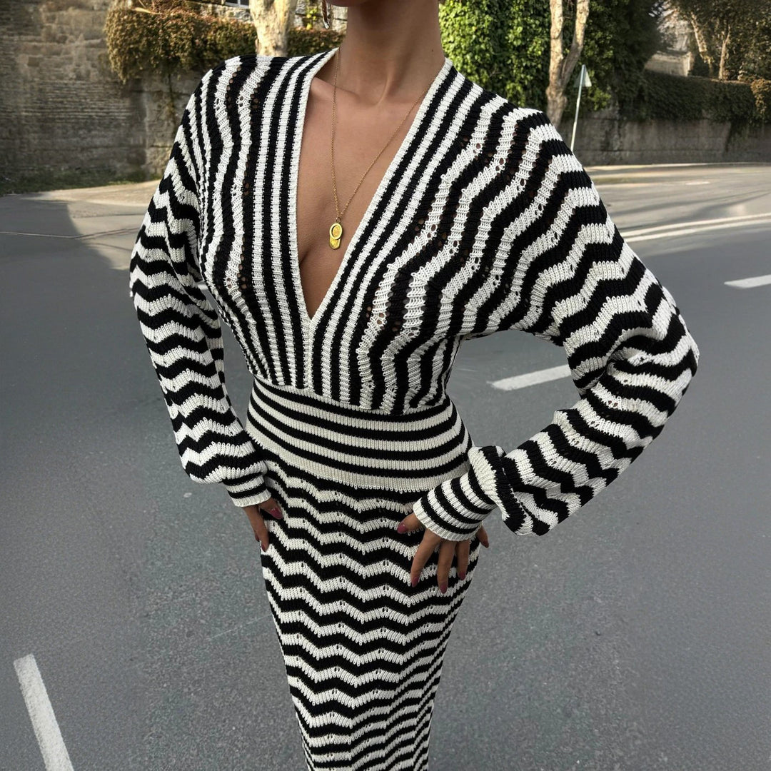Knit dress for women with deep V-neck and modern zigzag pattern Lune London
