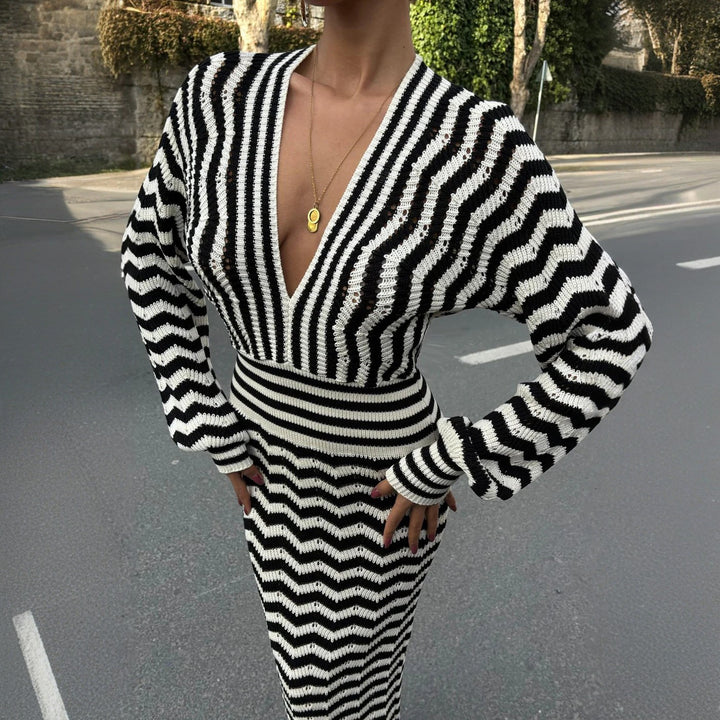 Knit dress for women with deep V-neck and modern zigzag pattern Lune London
