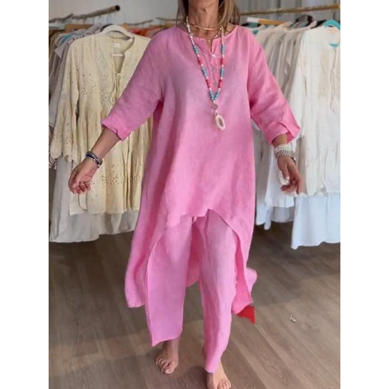 Women's Midi-Length Linen Tunic Set with Asymmetric Hem and Wide Palazzo Pants Amarae