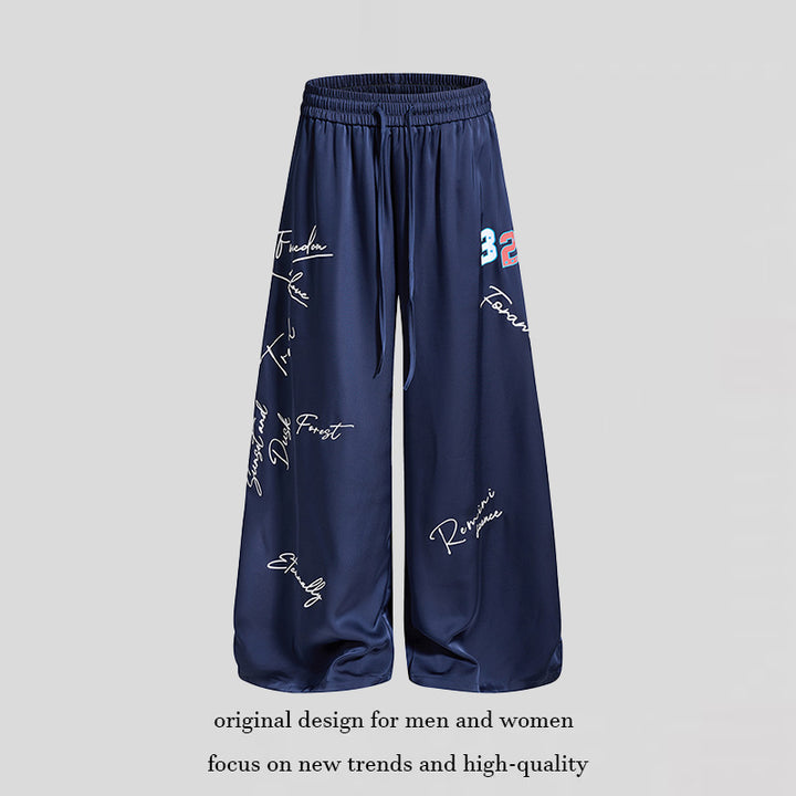 Women's Wide Satin Palazzo Lounge Pants with Elastic Waistband, Drawstring, and Script Print Amarae