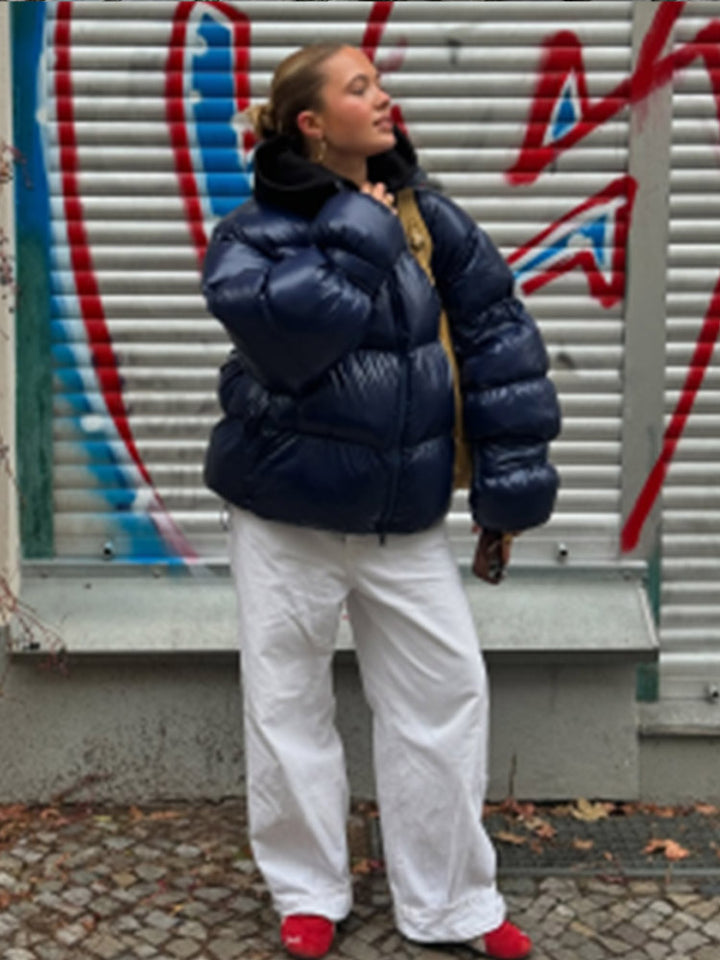Women's Shiny Oversized Padded Jacket with Hood and High Stand-Up Collar Amarae