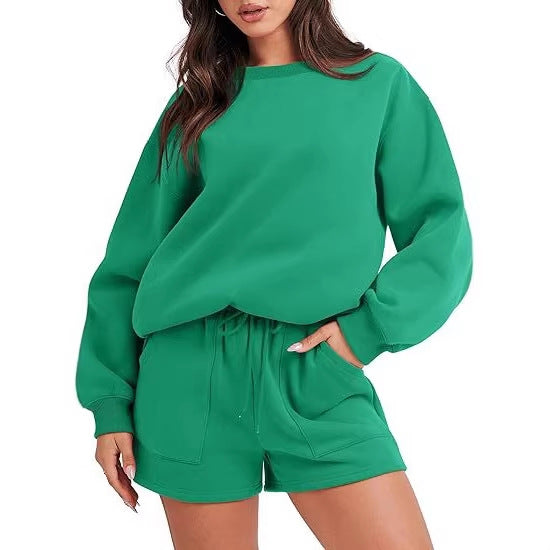 Women's Casual Two-Piece Lounge Sweatset with Oversized Round Neck Sweatshirt and High-Waist Relax Shorts Amarae