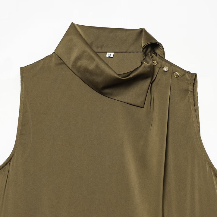 Women's Sleeveless Satin Blouse with Draped Stand Collar and Decorative Button Placket Amarae