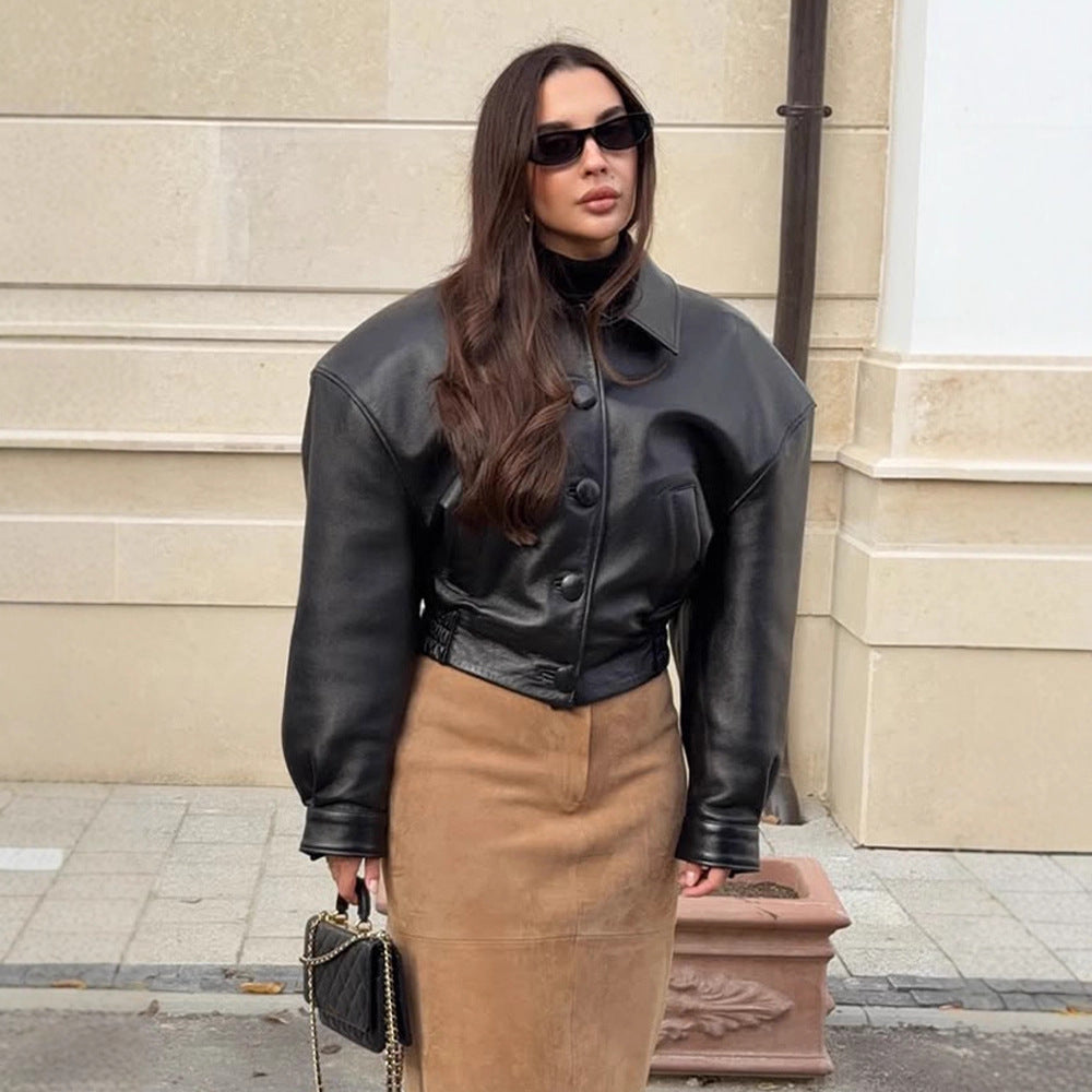 Women's short jacket made of vegan leather imitation in boxy cut with oversized shoulders and hidden button placket Amarae