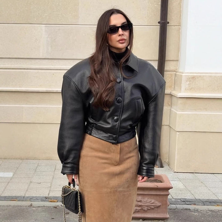 Women's short jacket made of vegan leather imitation in boxy cut with oversized shoulders and hidden button placket Amarae