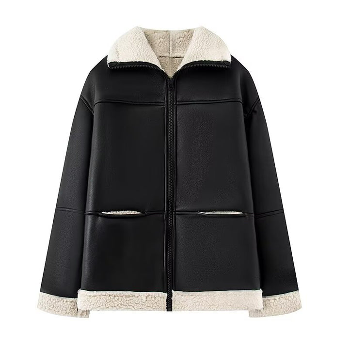Leatherette jacket for women with warm Sherpa lining and practical pockets Lune London