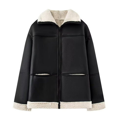 Leatherette jacket for women with warm Sherpa lining and practical pockets Amarae
