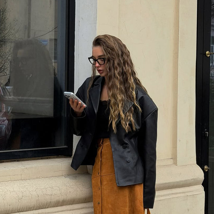Women Fashionable Blazer-Bomber made of vegan leather imitation with double-breasted front Amarae