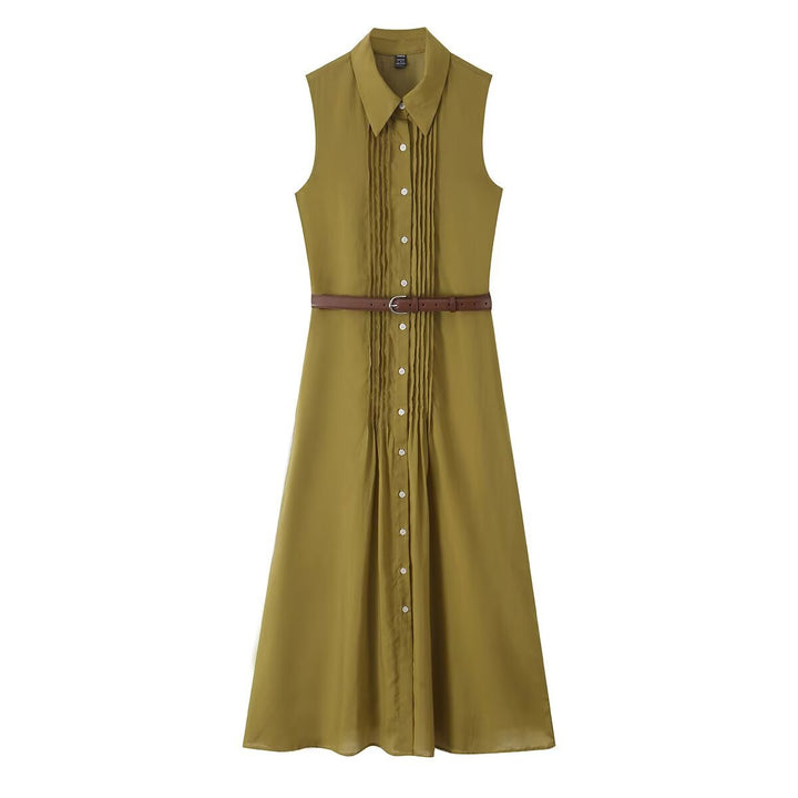 Women's sleeveless shirt dress with pleats, button placket and belt Amarae