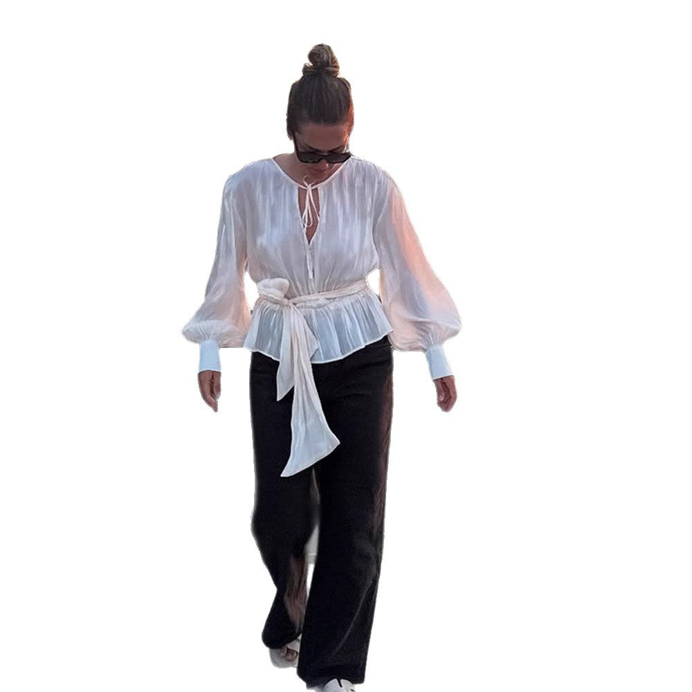 Women Elegant Wrap Blouse with Tie Belt and Voluminous Balloon Sleeves Amarae