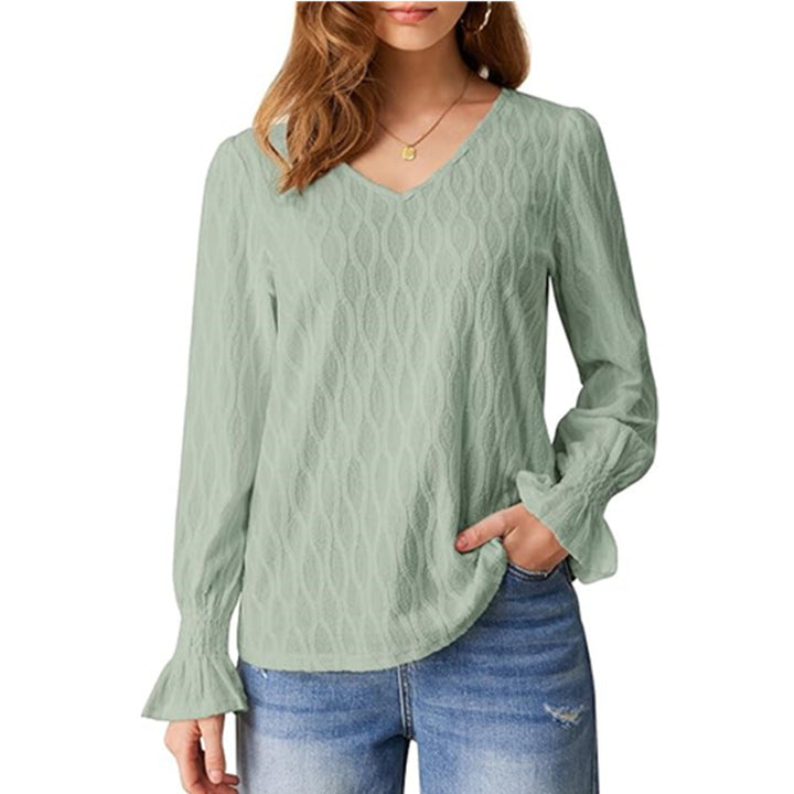 Elegant women's blouse with a V-neck and refined ruffle details Lune London