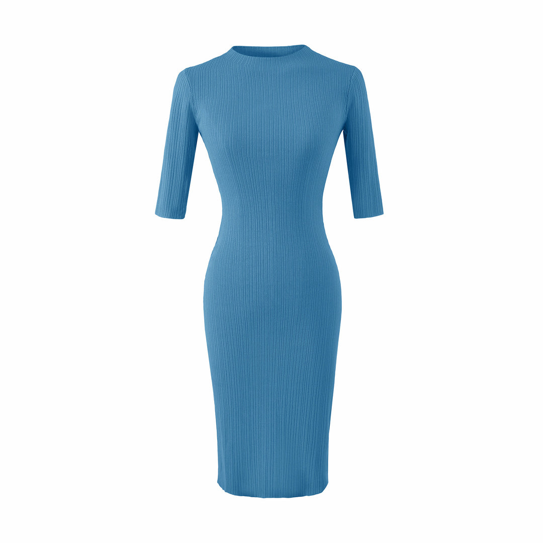 Women's fitted ribbed midi dress with half sleeves and stand-up collar Amarae