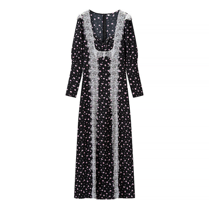 Ladies max dress with lace insert, long sleeves and floral all-over print Amarae