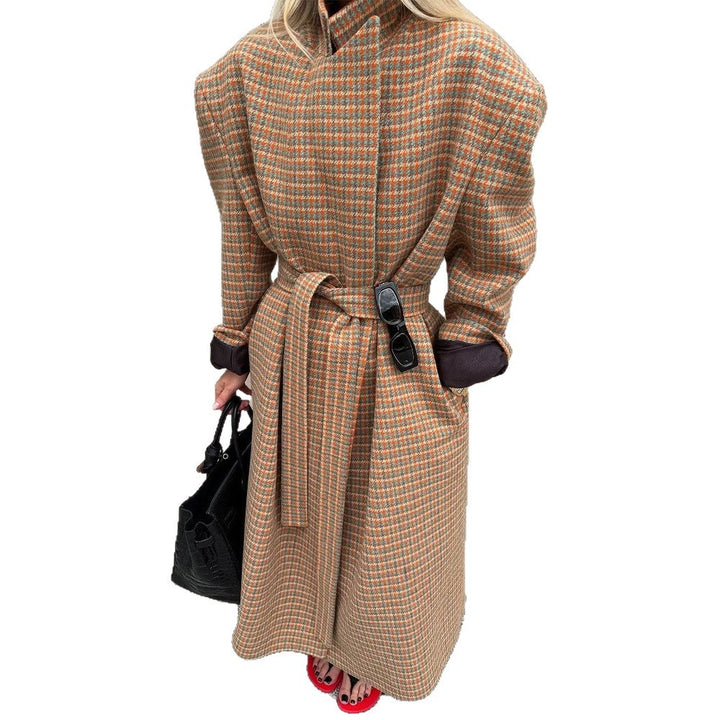 Women Oversized Wool Check Coat with Waist Belt and Emphasized Shoulder Area Amarae