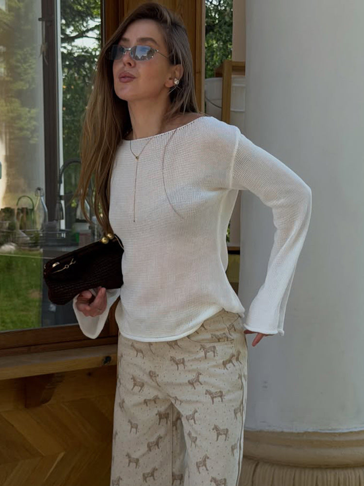 Women's chunky knit pullover with wide boat neck & extra wide trumpet sleeves Amarae
