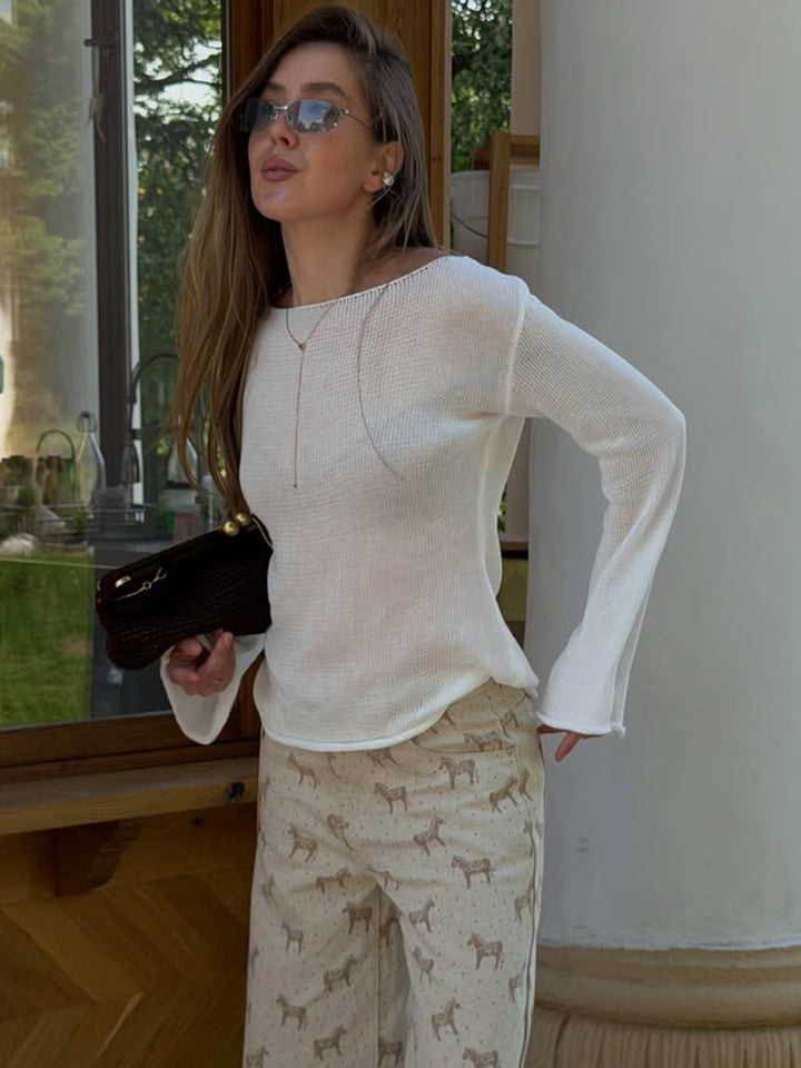 Women's chunky knit pullover with wide boat neck & extra wide trumpet sleeves Amarae