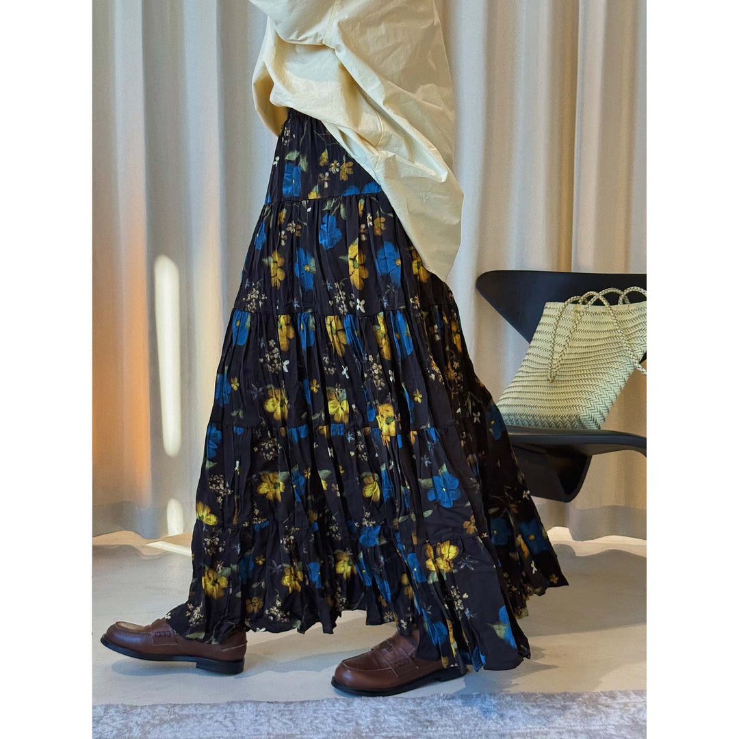 Women's Long Tiered Skirt with Pleated Ruffles and Floral Print Amarae