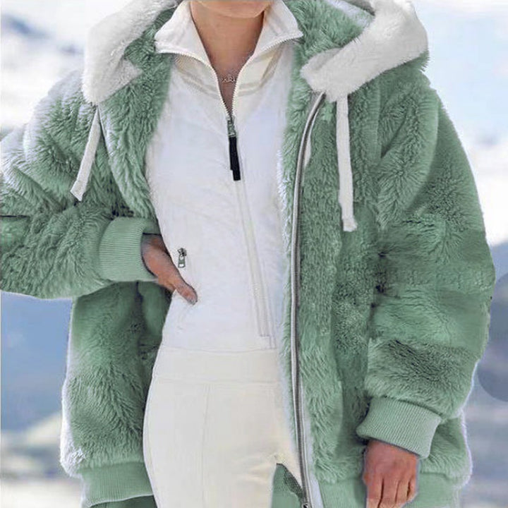 Women's Oversized Sherpa Zip Jacket with Contrast Collar, Ribbed Cuffs, and Drawstring Amarae