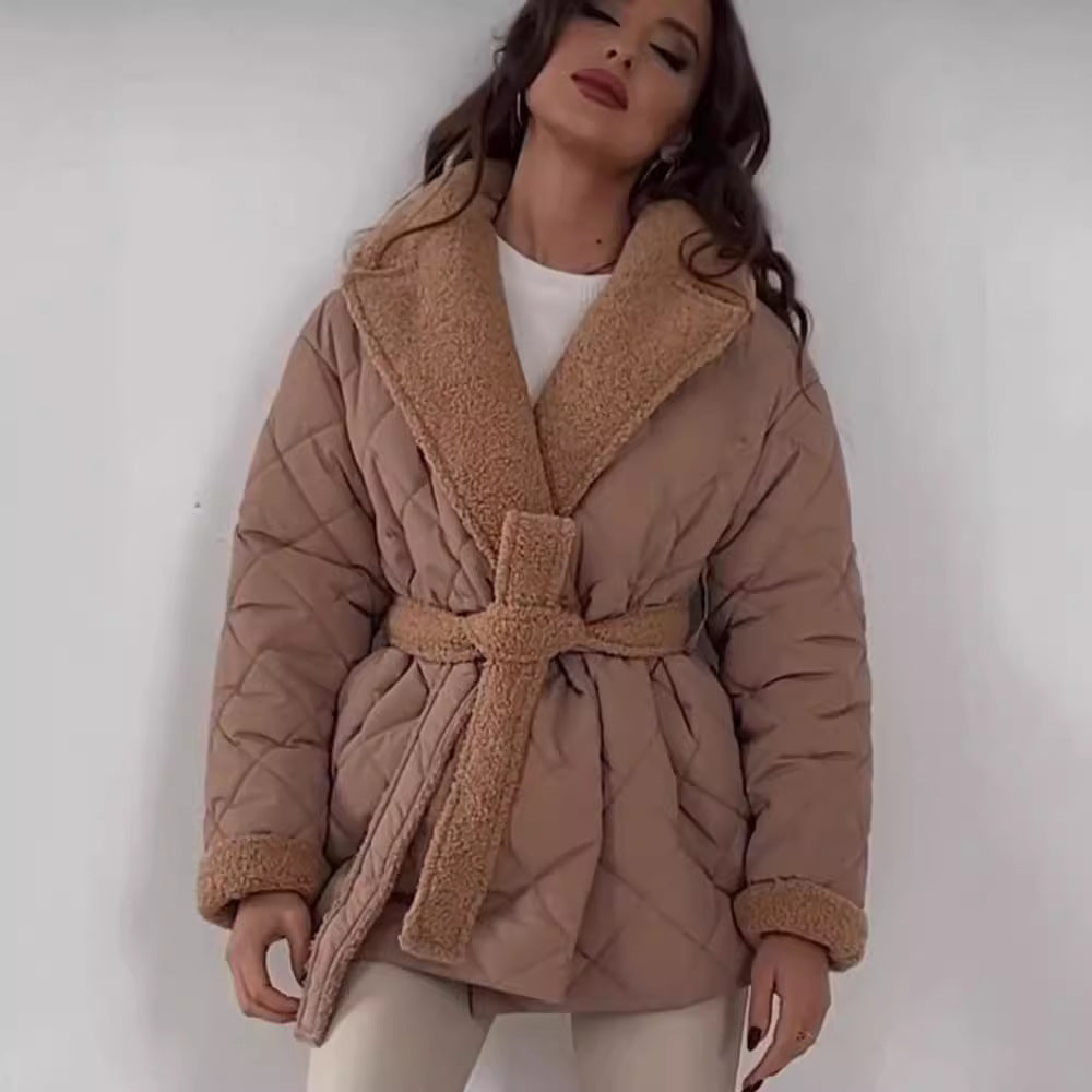 Quilted winter jacket for women with soft collar and belt Lune London