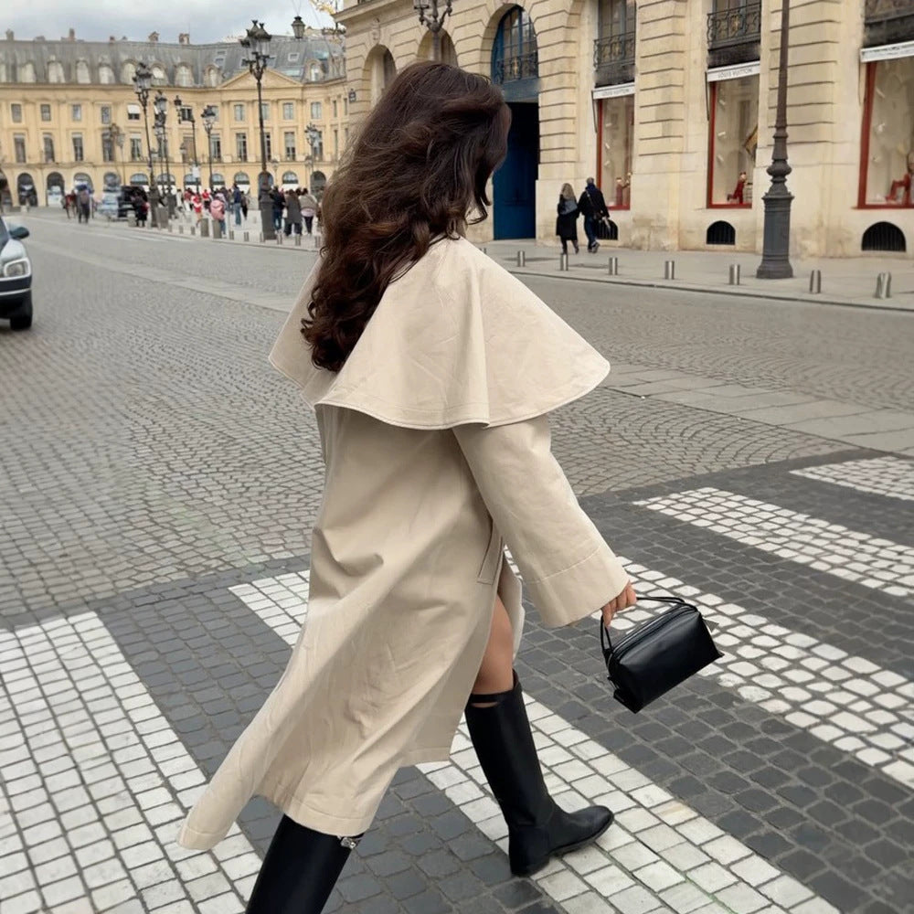 Ladies Oversize Trench Coat with Cape Detail and High Stand Collar Amarae