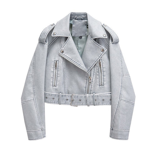 Faux leather biker jacket for women with belt Amarae