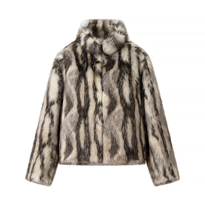 Women's short jacket in a faux fur mix with striped effect and stand-up collar Amarae