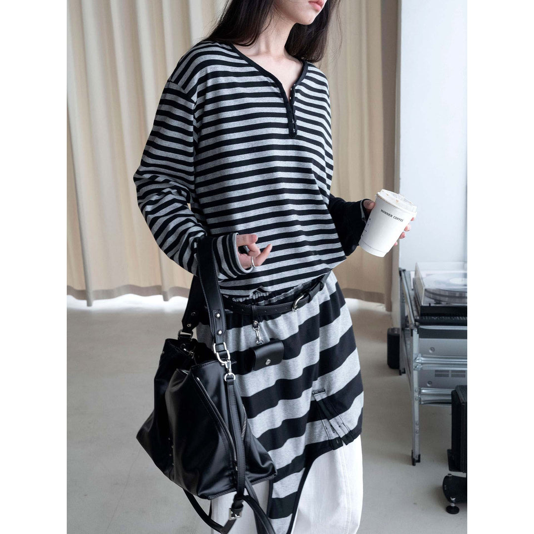 Women Oversized Stripe Henley Shirt with Button Placket and Drop Shoulder Amarae