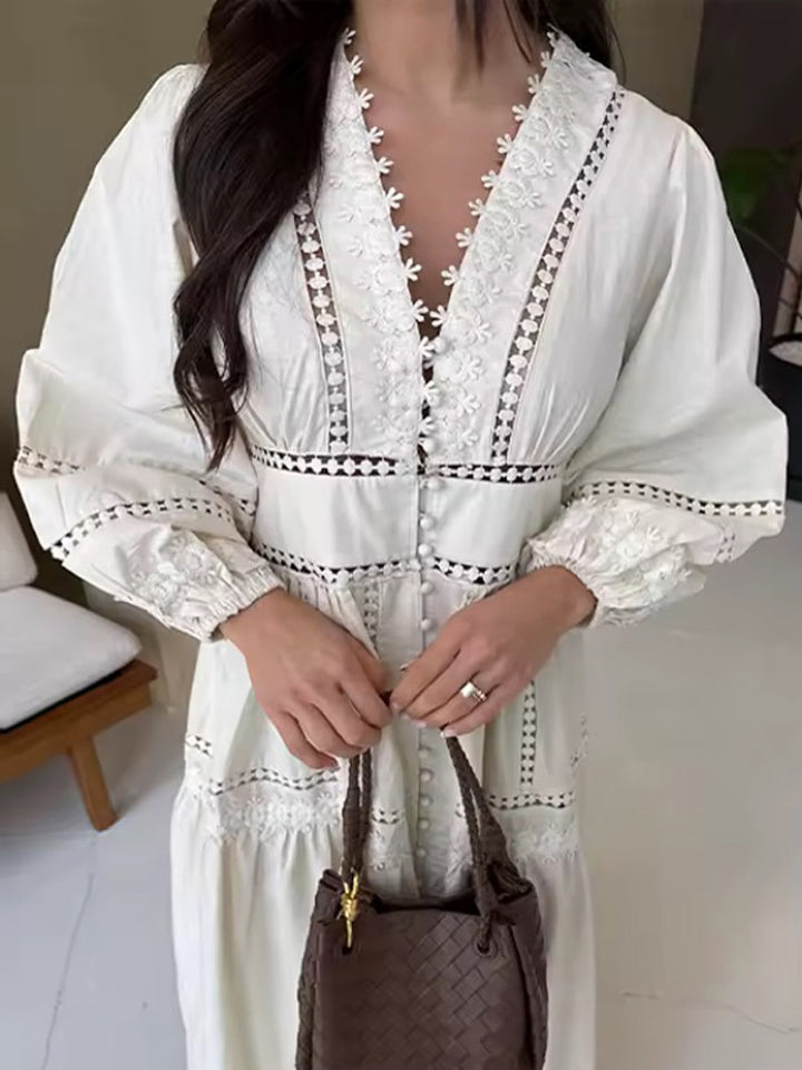 Women's maxi dress in boho style with lace inserts, button placket, and balloon sleeves Amarae