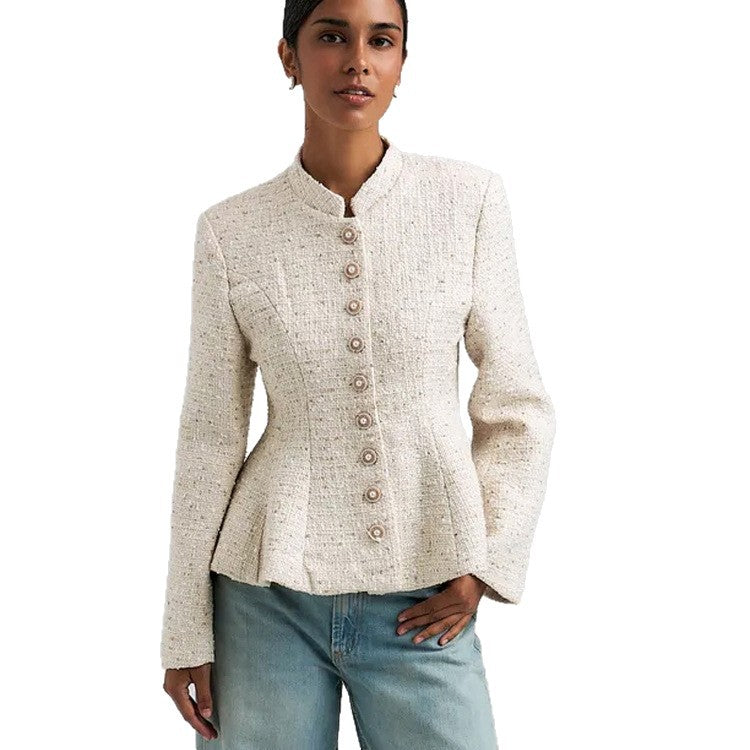 Women's Boucle Blazer with Stand Collar and Fitted Peplum Silhouette Amarae