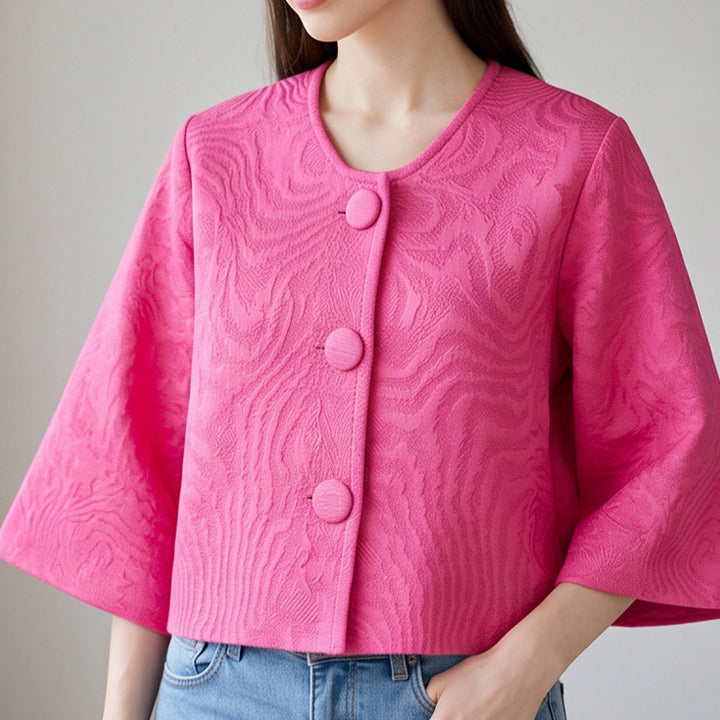 Women short-cut structured jacquard jacket with round neck & large fabric buttons Amarae