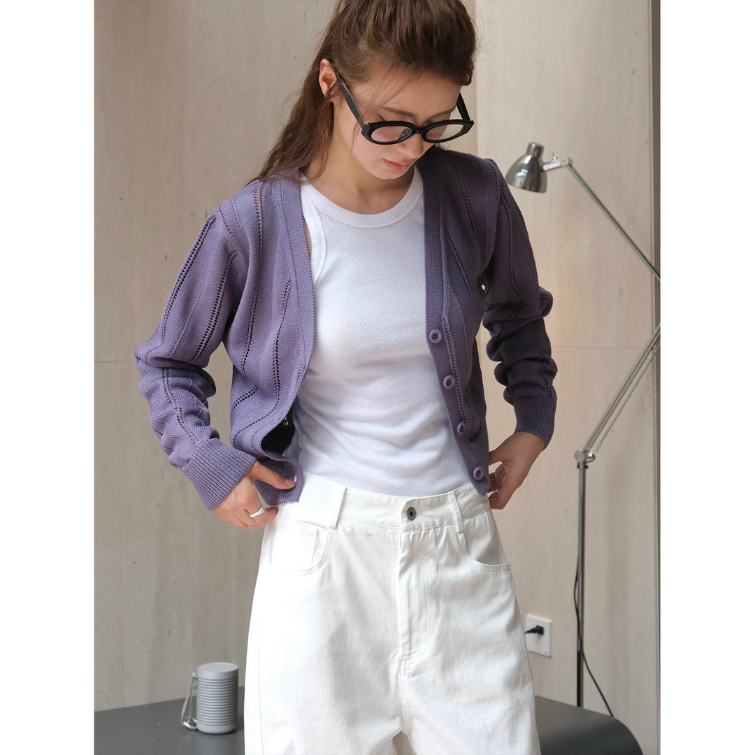 Women's Light Openwork Knit Cardigan with V-Neck and Tailored Ribbed Hem Amarae