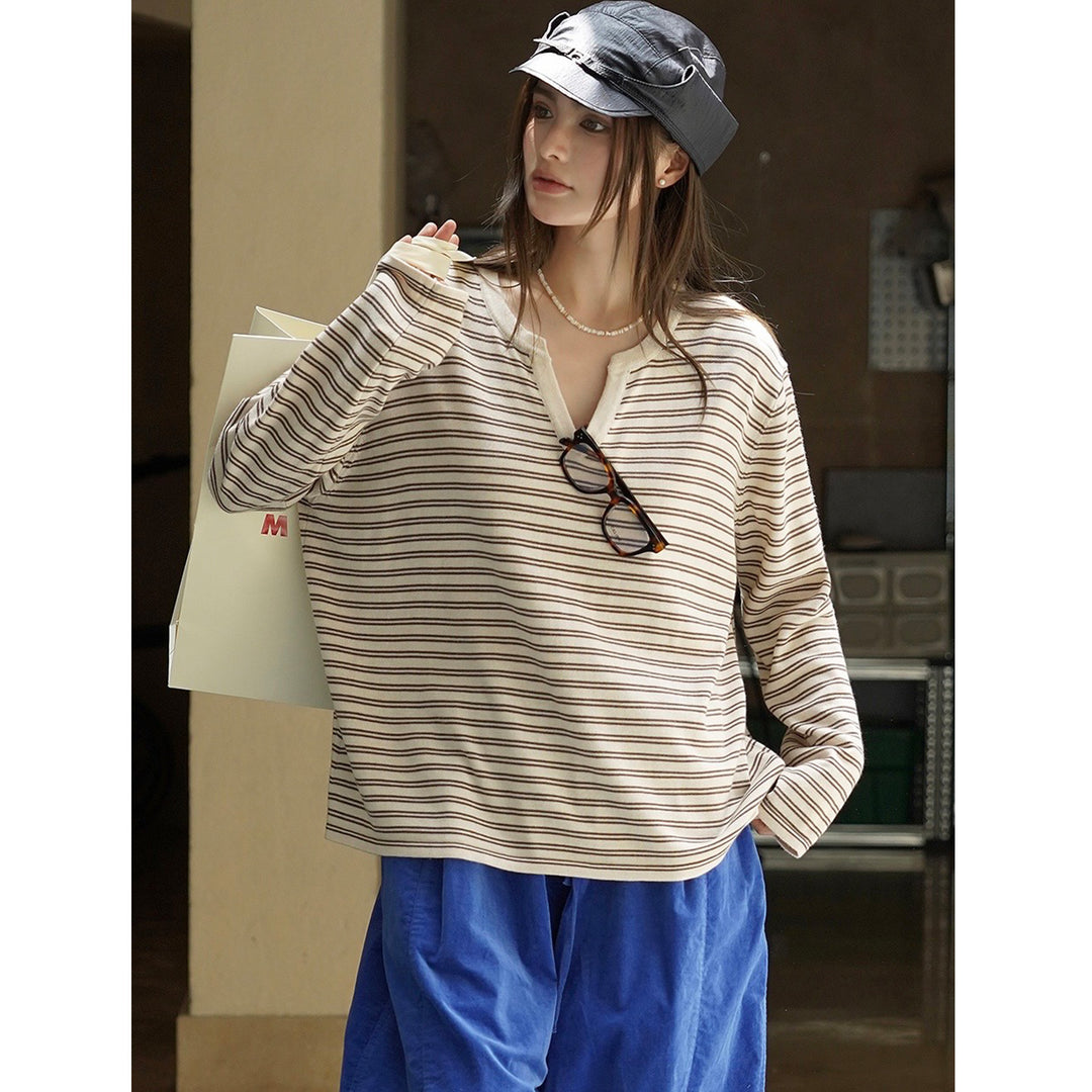 Women Striped Oversize Long Sleeve Shirt with V-Neck and Casual Silhouette Amarae