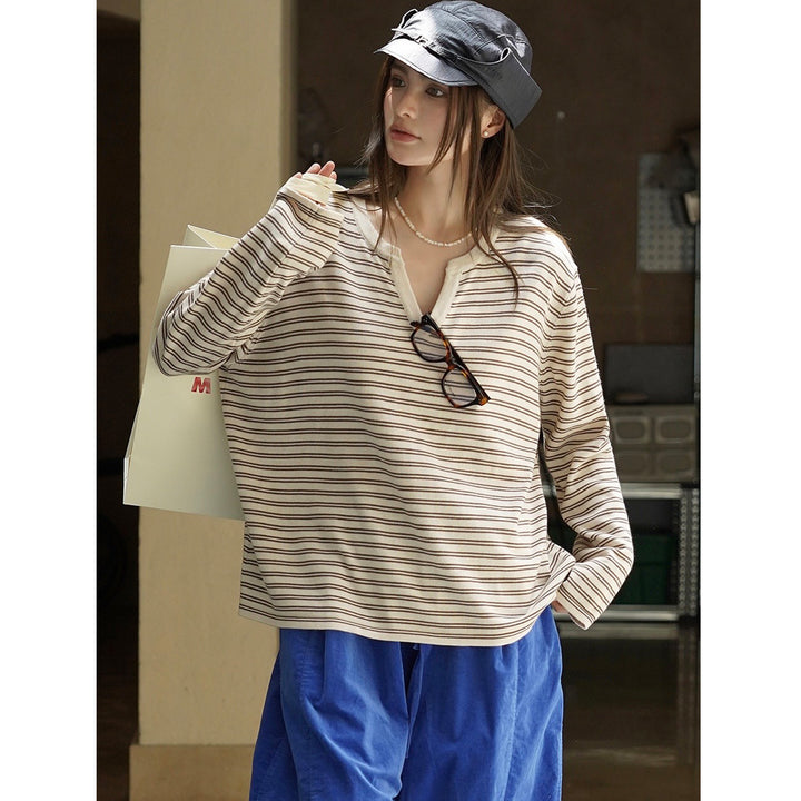Women Striped Oversize Long Sleeve Shirt with V-Neck and Casual Silhouette Amarae
