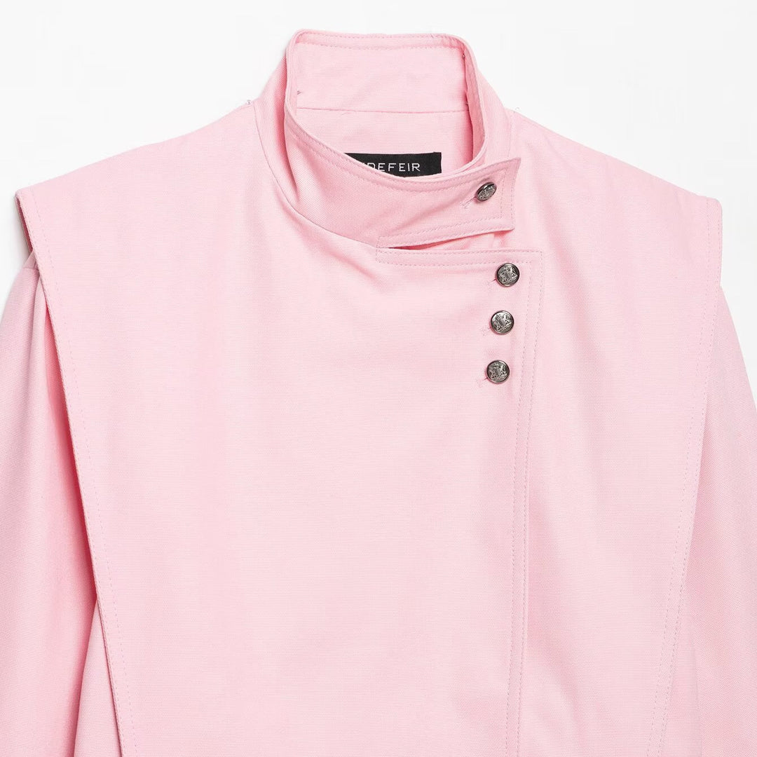 Women's Short Asymmetric Jacket with High Stand-Up Collar and Cape Shoulder Amarae