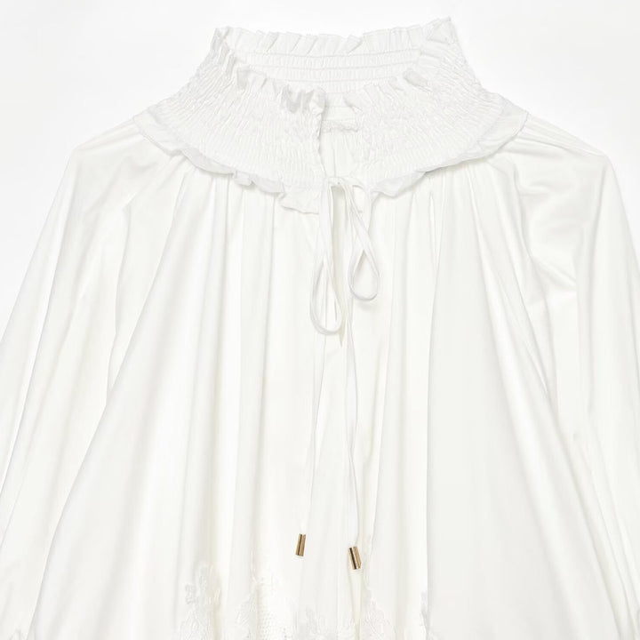 Ladies Romantic Blouse with Smocking Collar, Bell Sleeves and Lace Trim