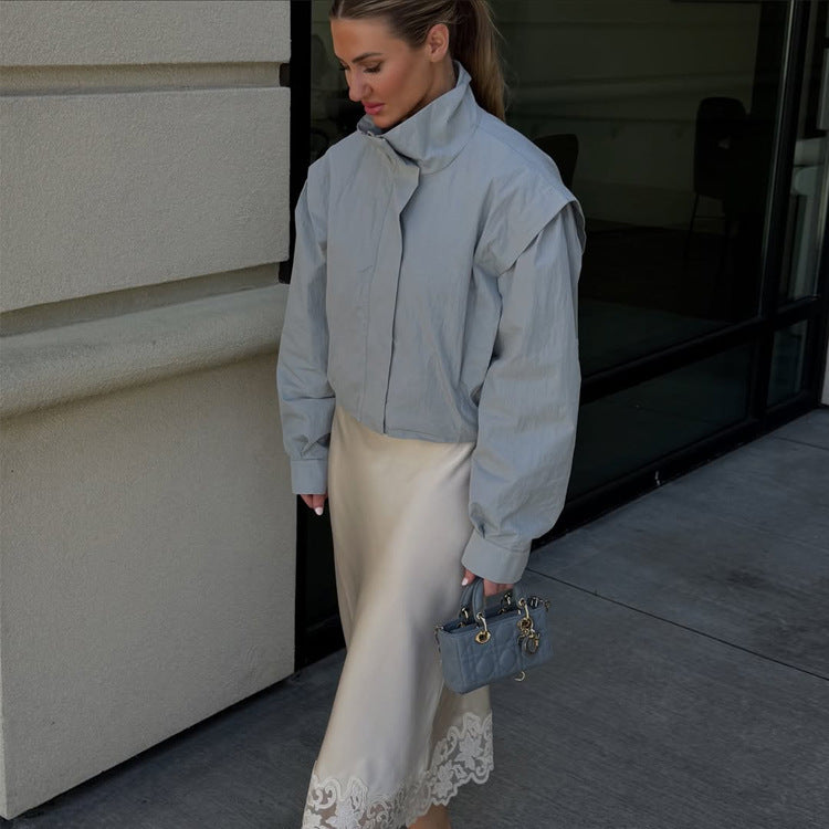 Ladies Cropped Transitional Jacket with Stand Collar and Emphasized Shoulder Area Amarae