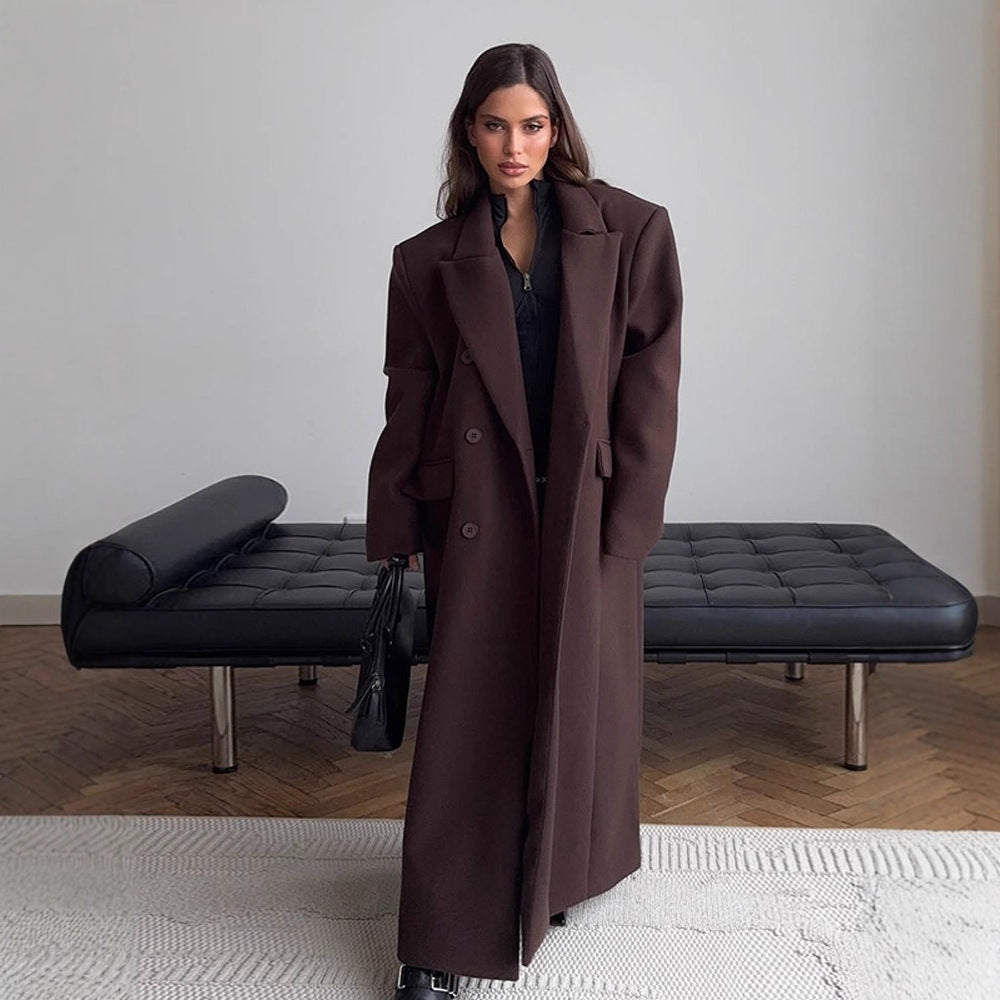 Women's Maxi-Length Wool Blend Coat with Boxy Oversized Silhouette and Distinctive Shoulders Amarae