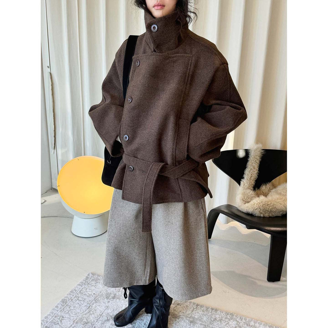 Women Short Tailored Wool Coat with Ties and Wide Stand-Up Collar Amarae