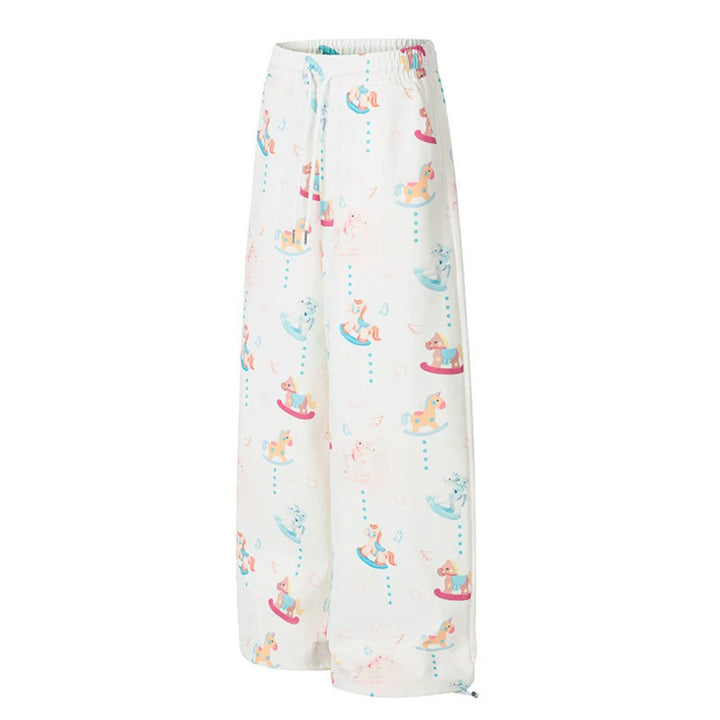 Women's Wide Palazzo Lounge Pants with Comfortable Waistband, Drawstring and Playful Rocking Horse Print Amarae