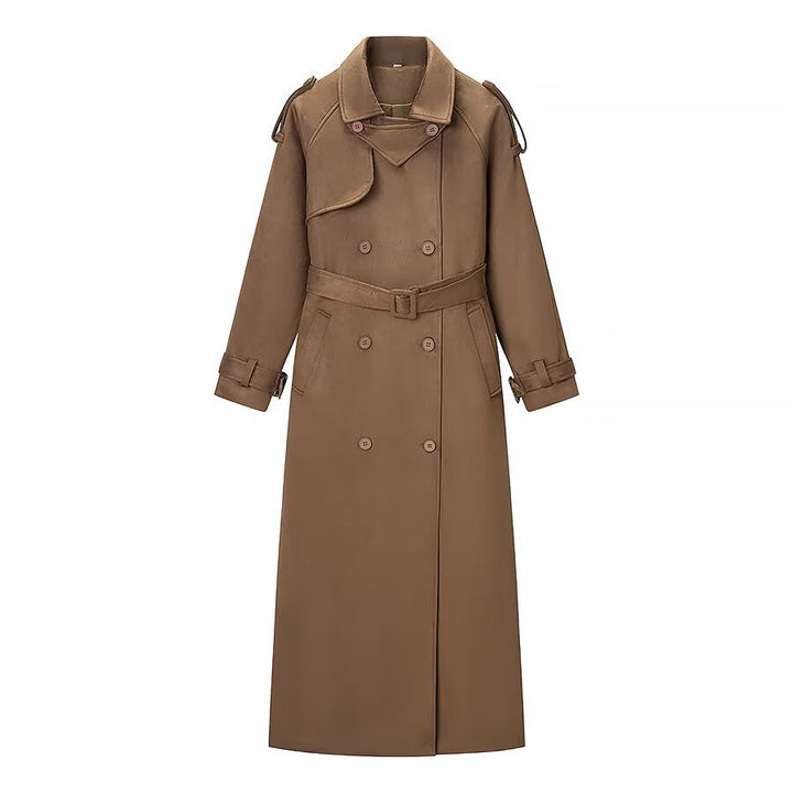 Women Longer tailored double-breasted wool blend trench coat with belt and shawl collar Amarae