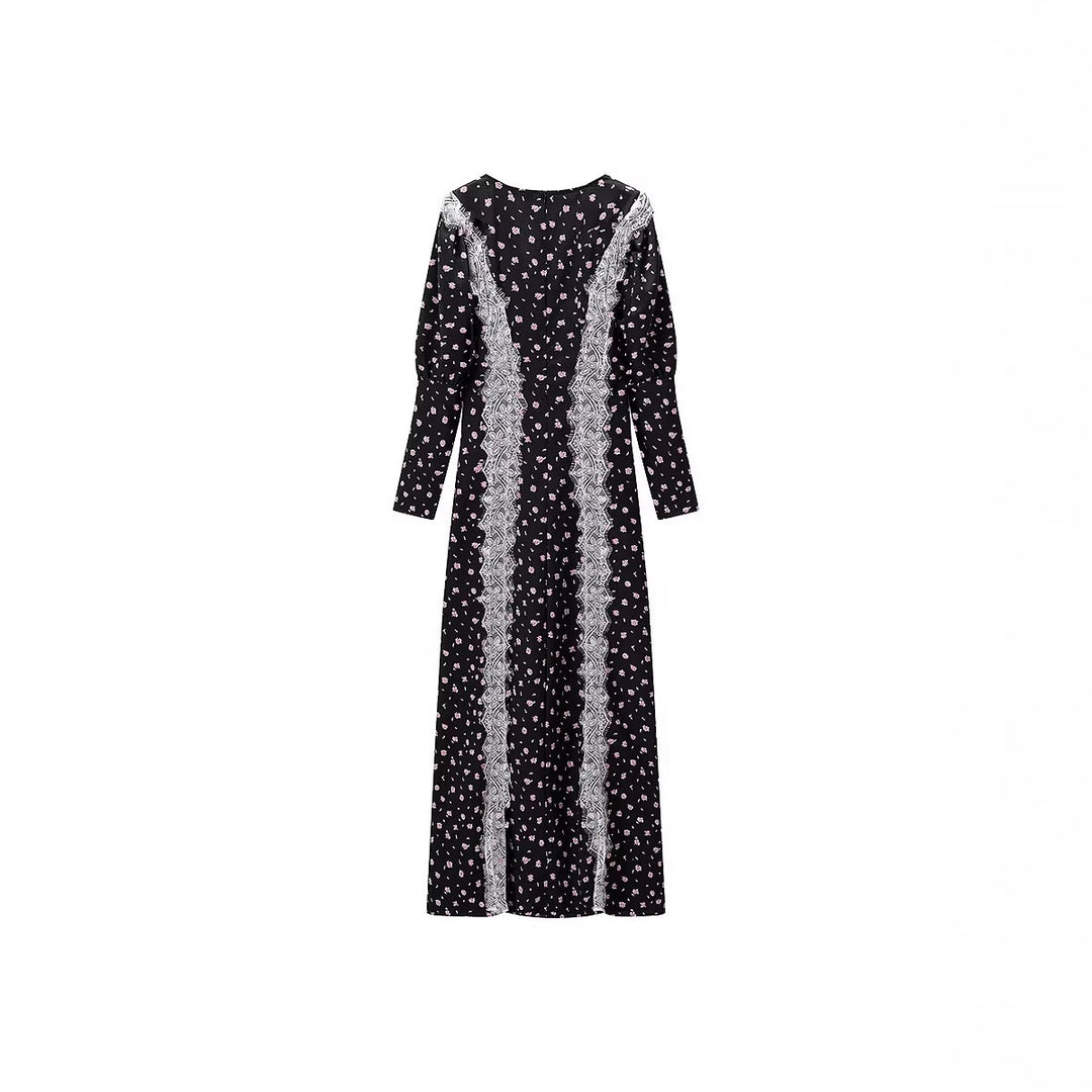Women's maxi dress in boho style with vertical lace panels and loose U-neckline Amarae