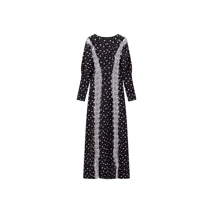 Women's maxi dress in boho style with vertical lace panels and loose U-neckline Amarae